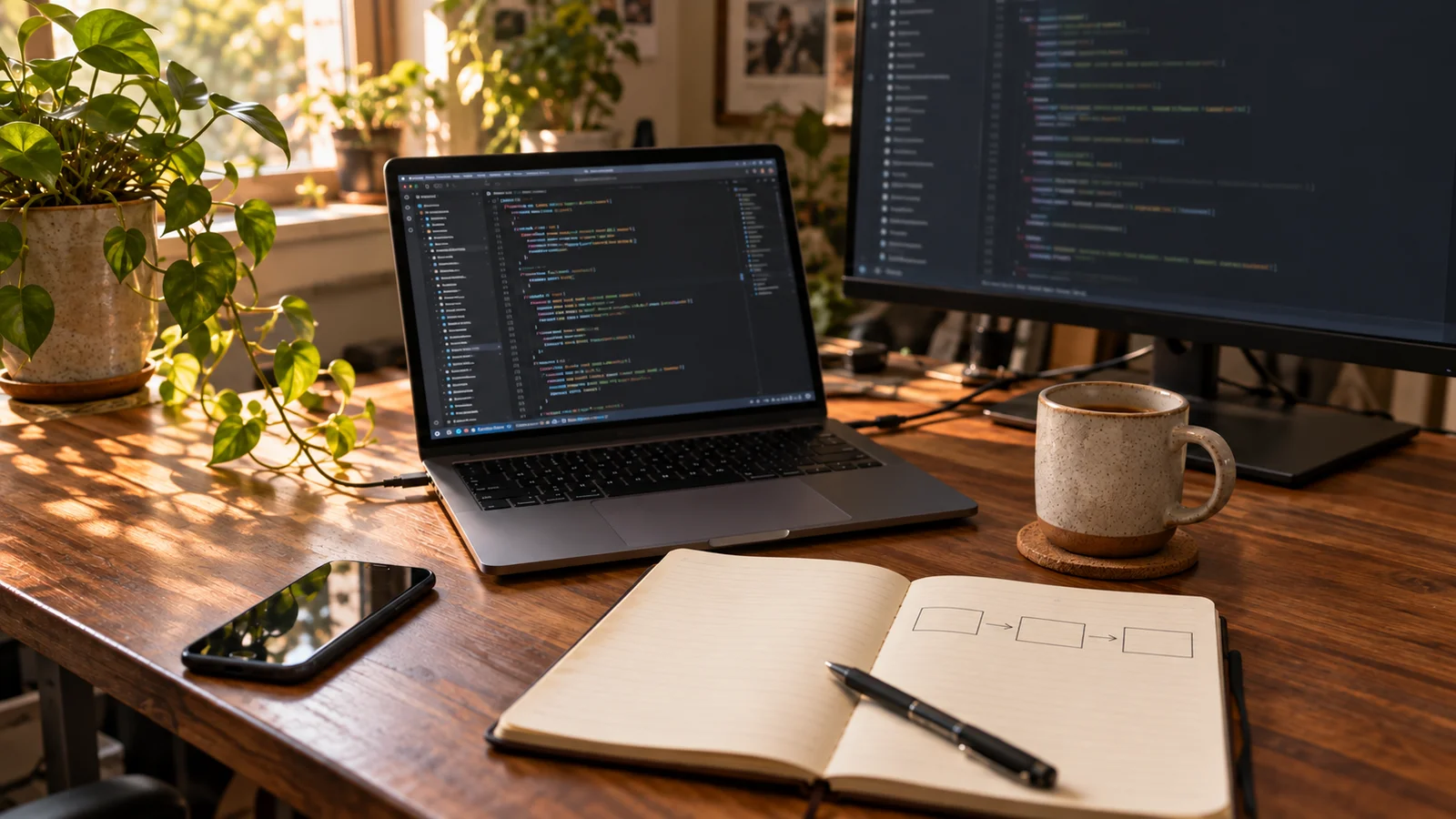 A developer’s laptop, monitor and notebook on a sunlit wooden desk.