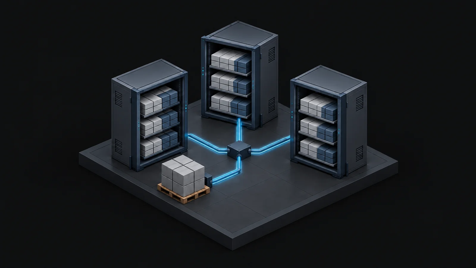 Connected data cabinets representing warehouse records and inventory relationships.