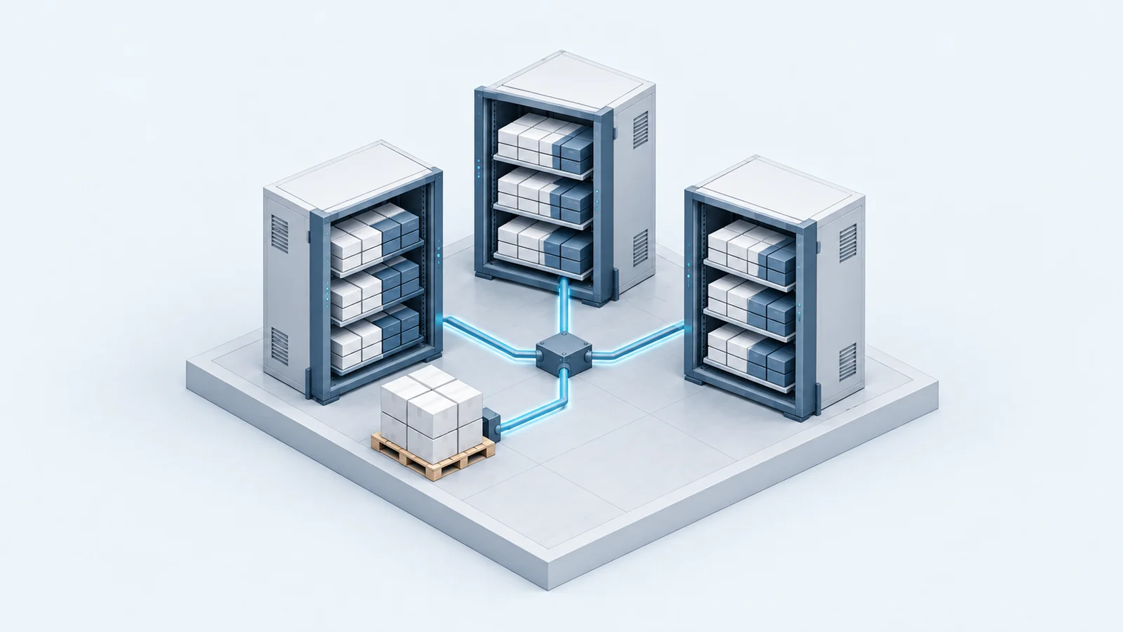 Connected data cabinets representing warehouse records and inventory relationships.