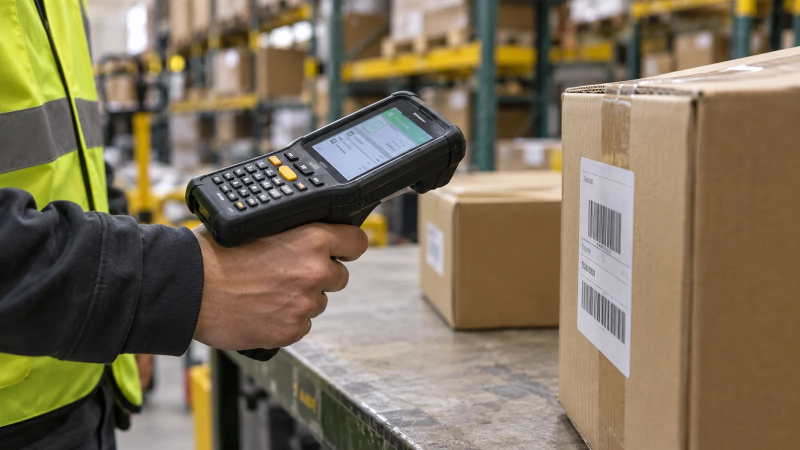 A warehouse operator using a rugged barcode terminal beside a labelled carton.