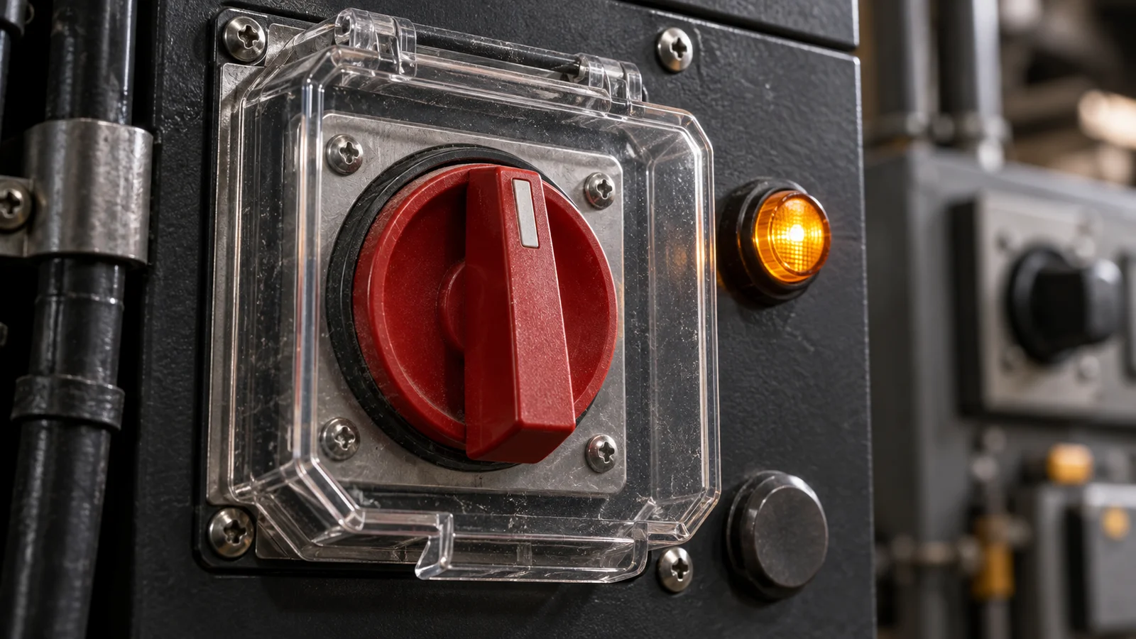 A protected red control switch with an amber indicator on an industrial panel.