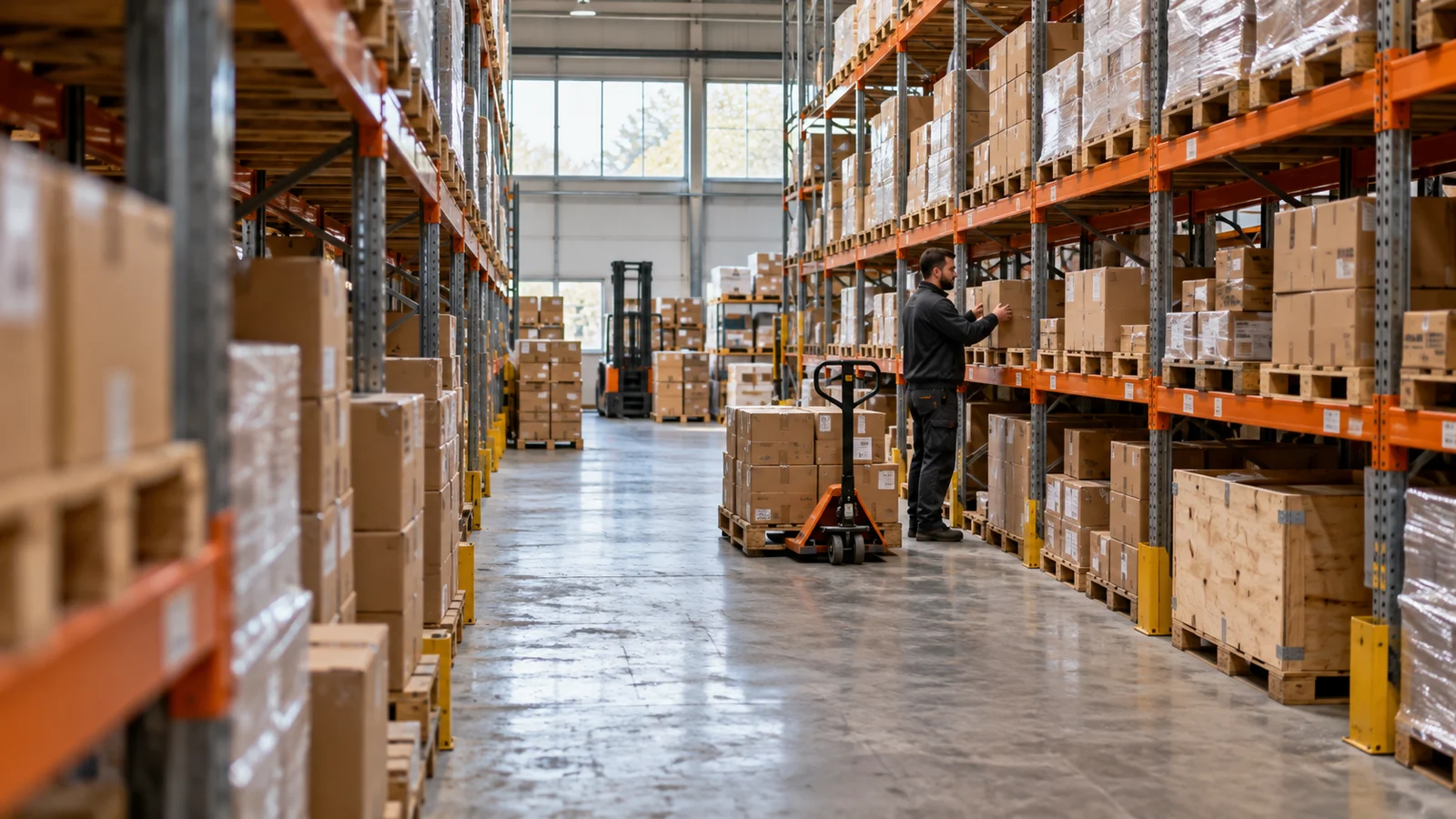 A warehouse worker selecting a carton from orange pallet racks.